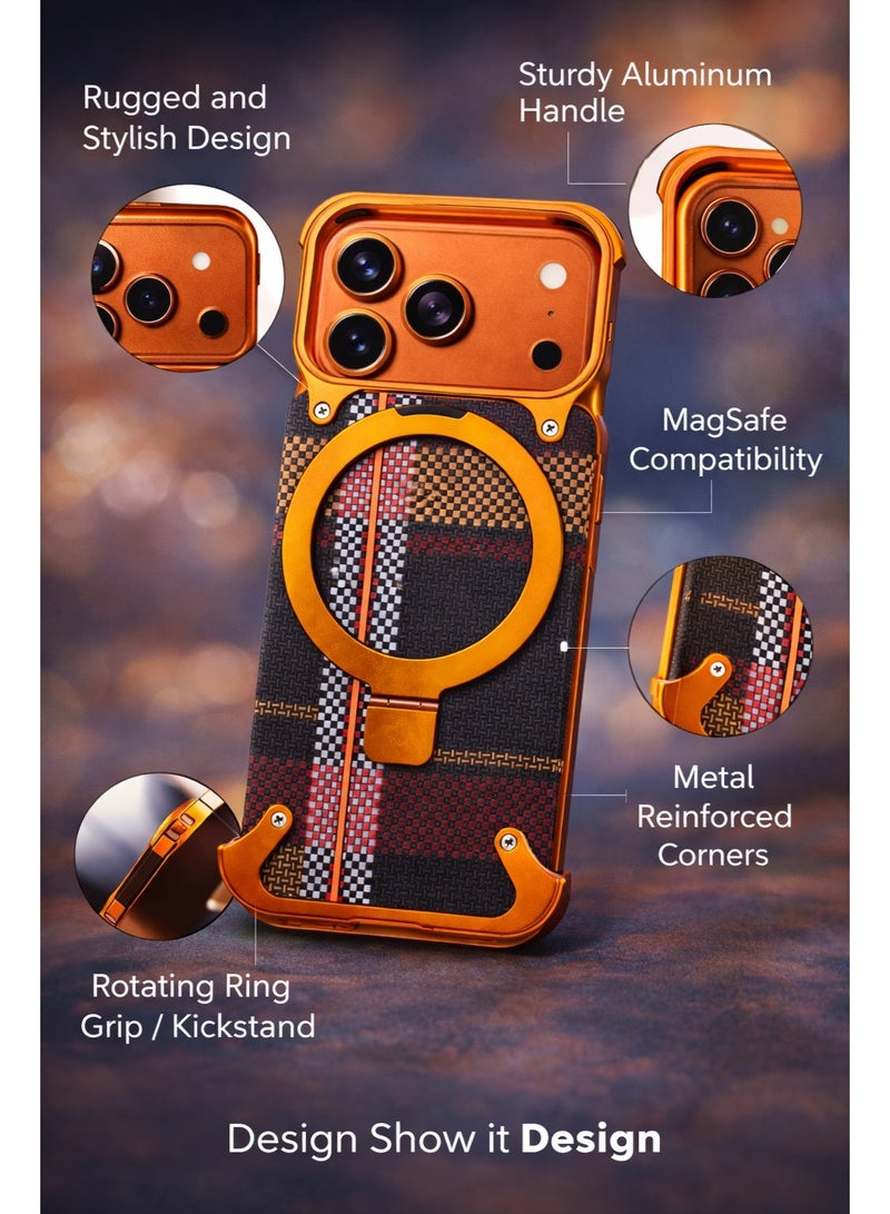 جراب مغناطيسي معدني لهاتف iPhone 17 Pro مع حامل - إطار معدني برتقالي فاخر مع ظهر محكم، غطاء نحيف مقاوم للصدمات، متوافق مع الشحن اللاسلكي ويدعم إشارة 5G بالكامل - Image 2